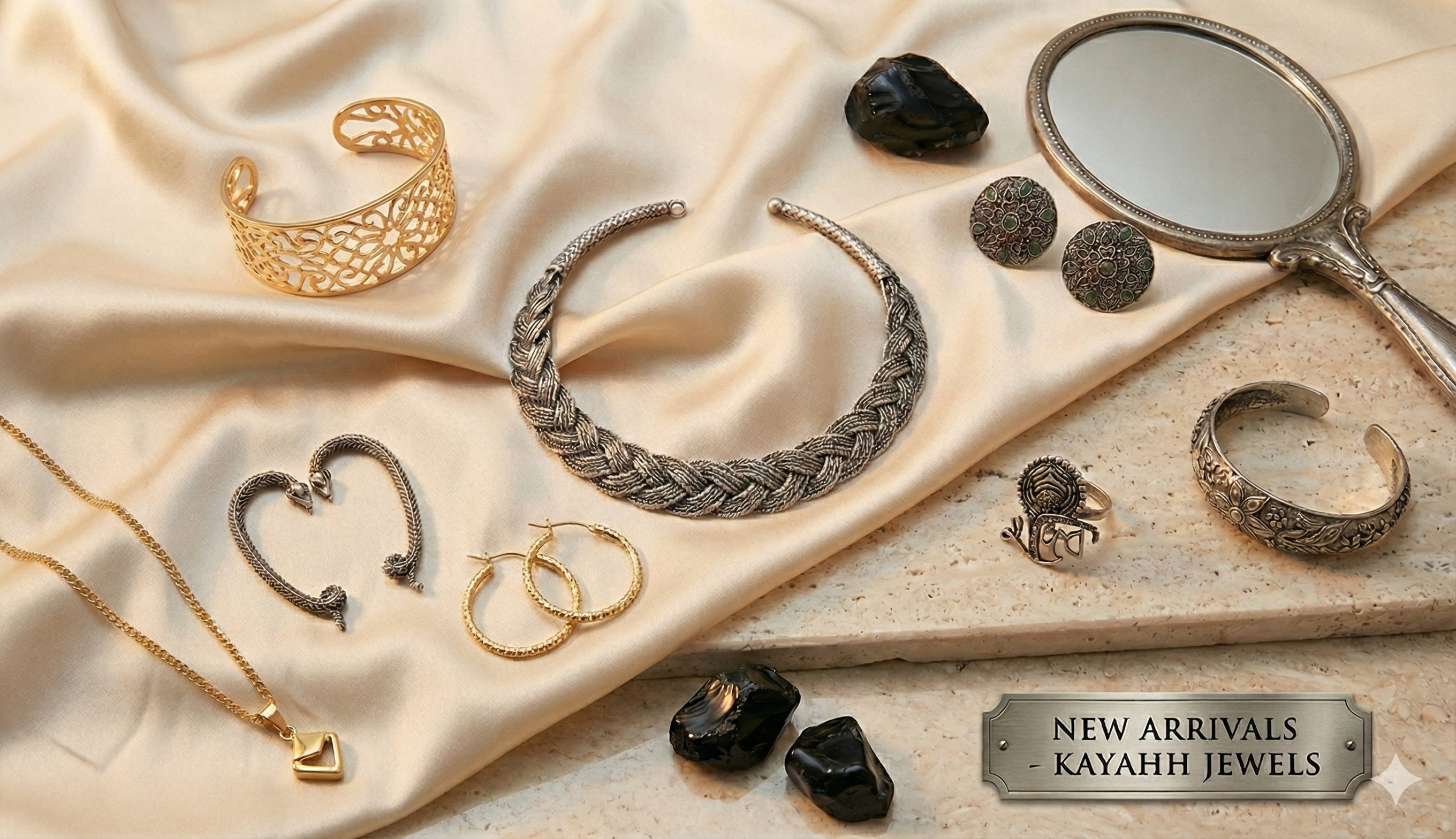 New arrivals jewellery collection featuring gold-plated and oxidised silver bracelets, earrings, necklaces and rings by Kayahh Jewels