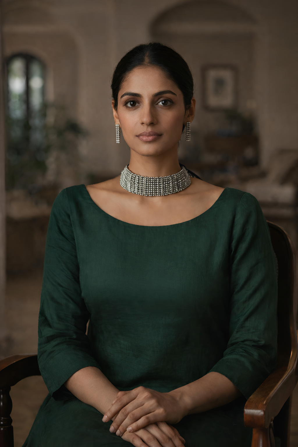 Handcrafted oxidised silver beaded choker neckpiece worn with matching earrings for elegant styling
