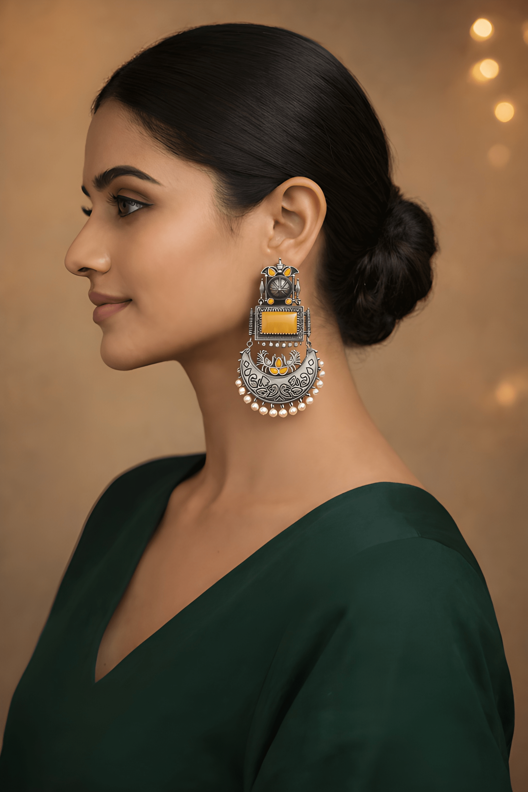 Woman wearing Monalisa stone silver statement earrings | Color: Yellow
