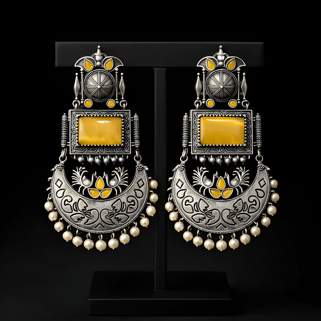 Monalisa stone oxidised silver earrings displayed on black stand | Color: Yellow
