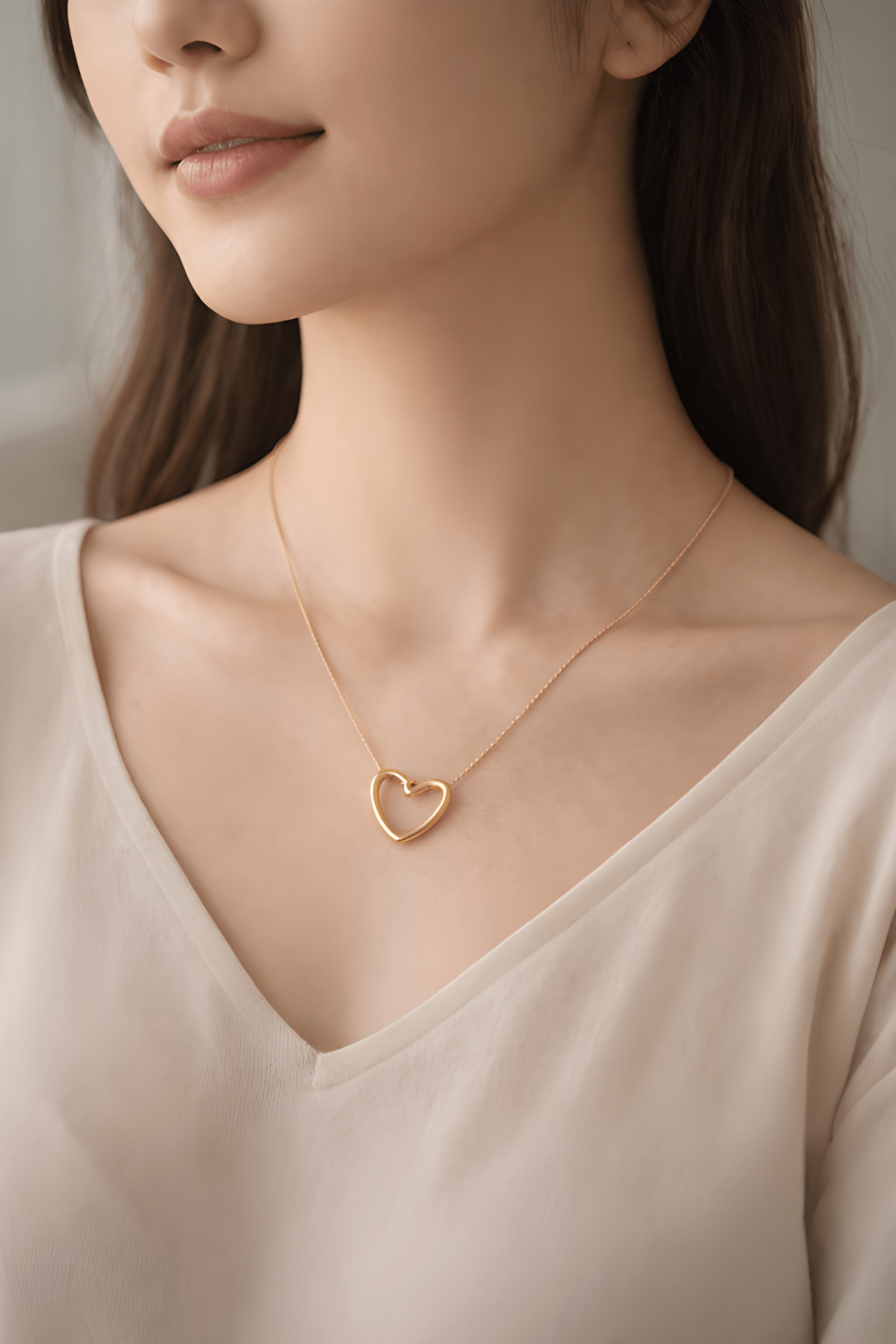 Woman wearing minimal gold heart pendant necklace