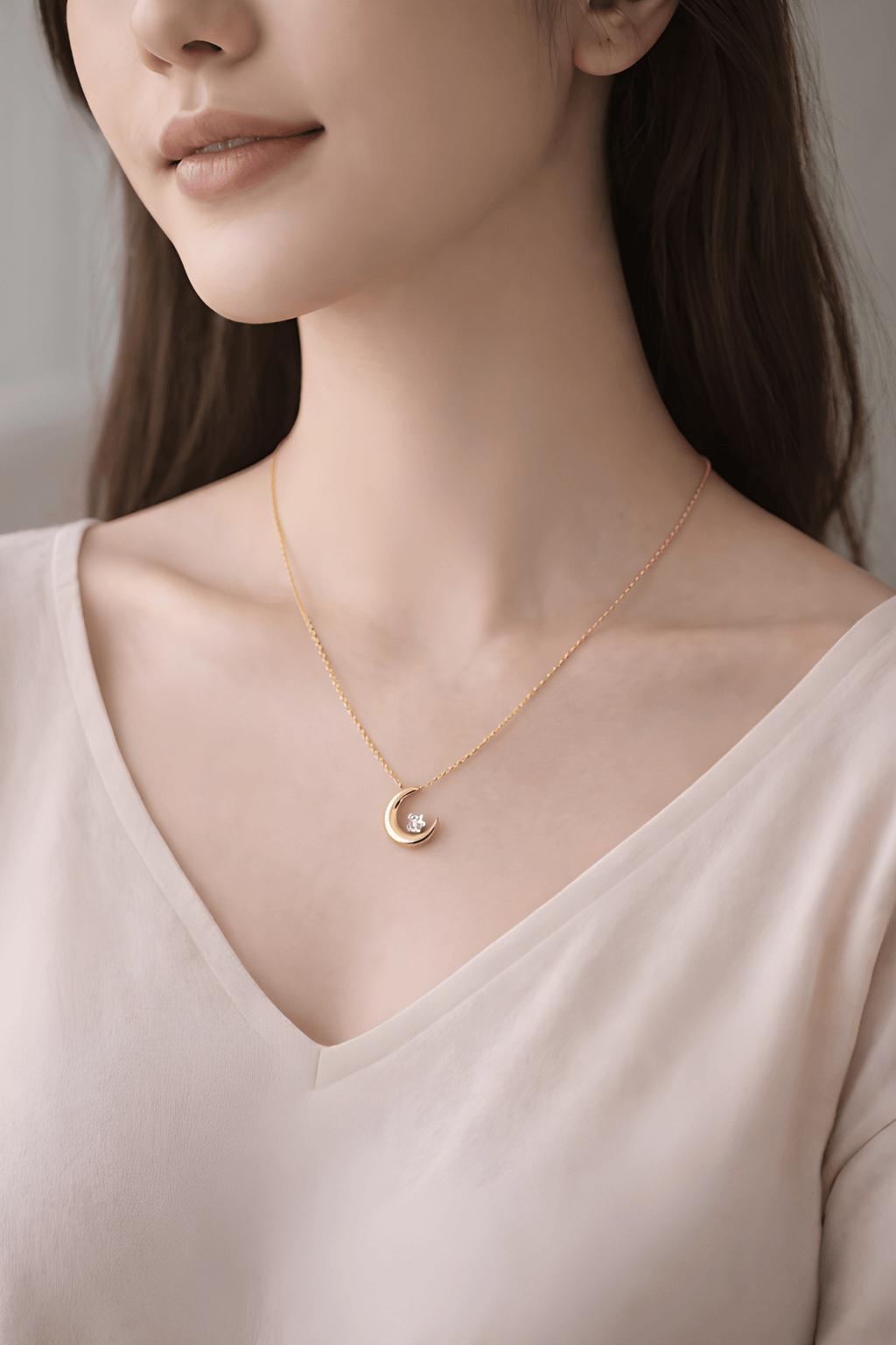 Woman wearing minimal gold crescent moon necklace