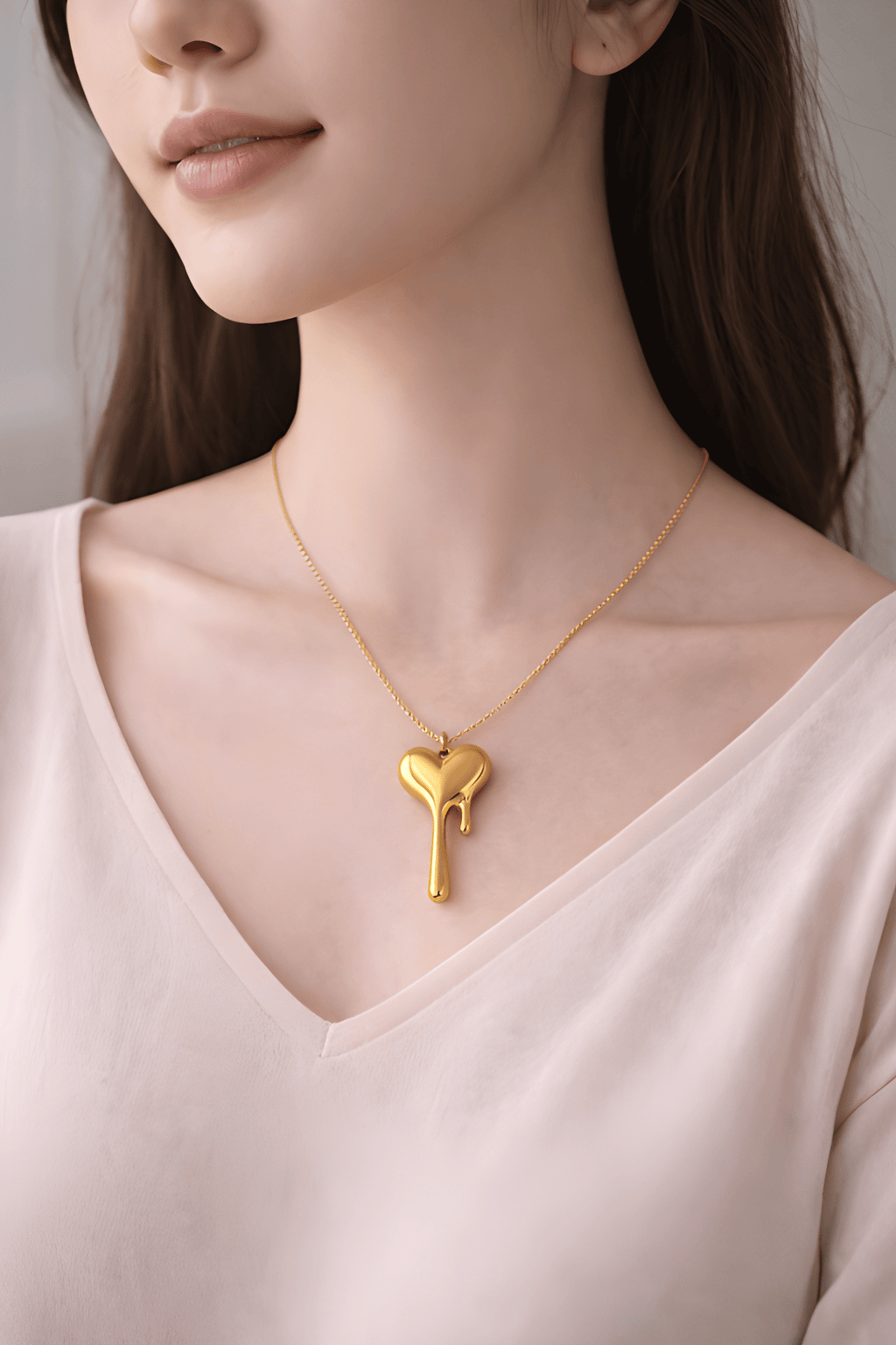 Woman wearing gold melting heart pendant necklace