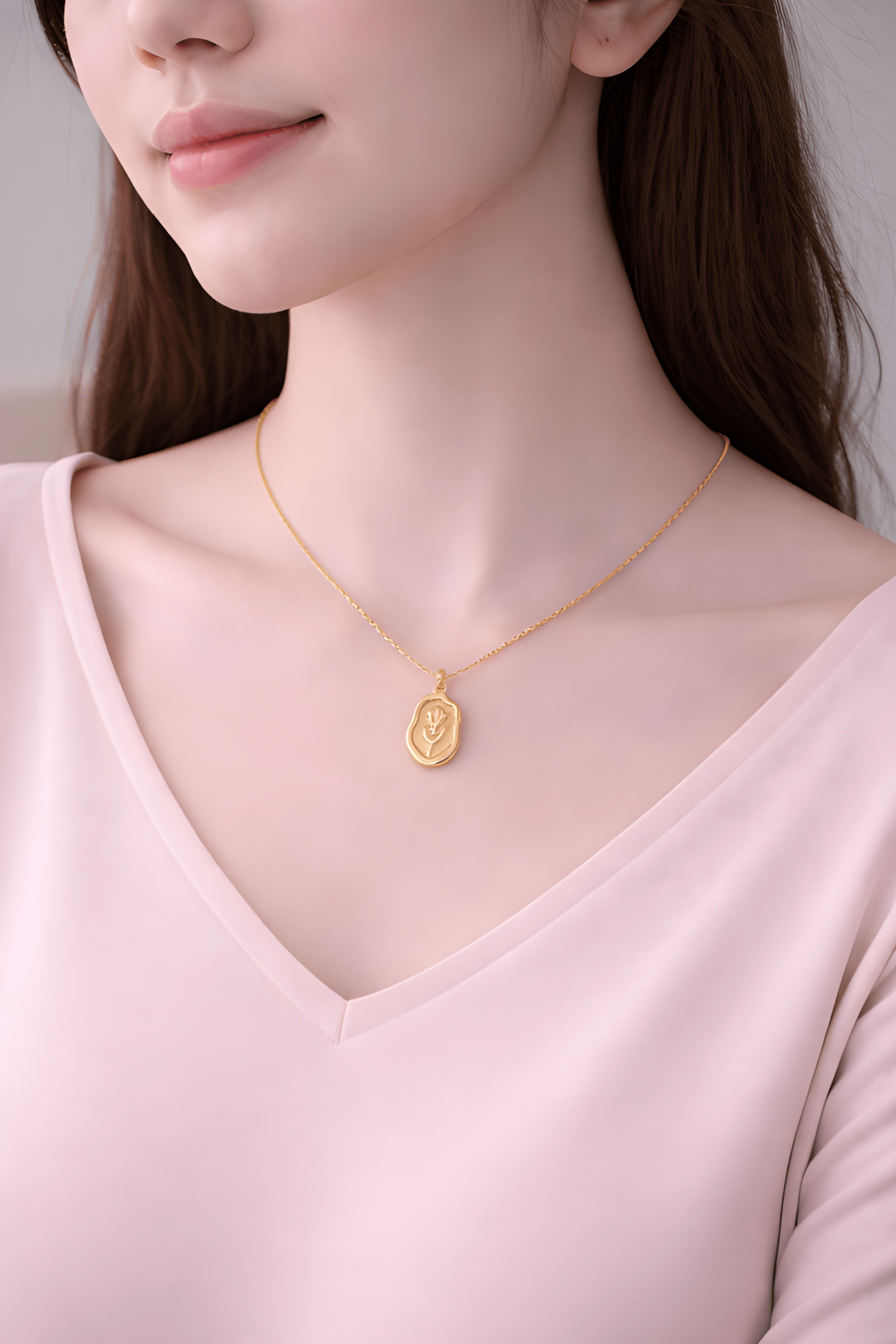 Woman wearing minimal gold rose pendant necklace