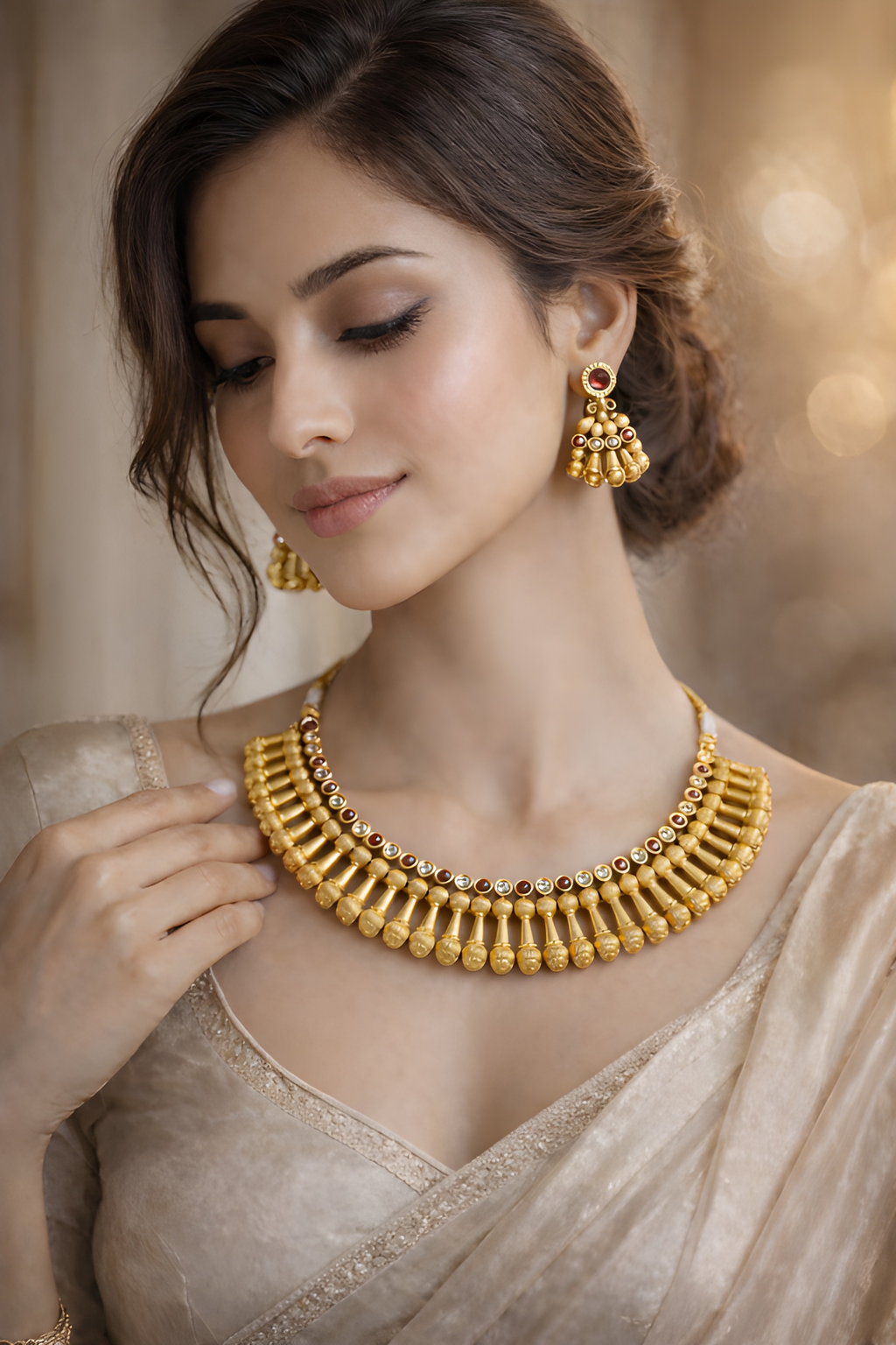 Woman wearing traditional gold Rani necklace set with jhumka earrings