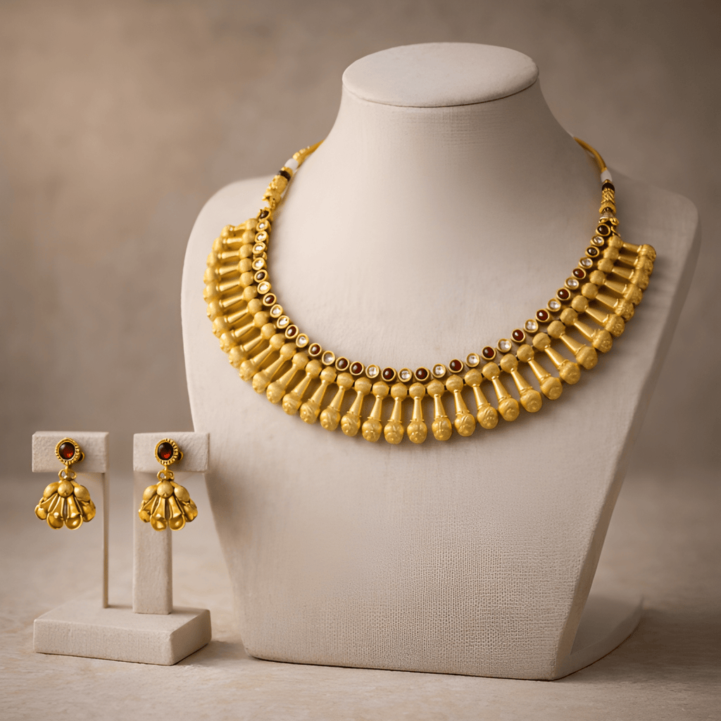 Gold Rani necklace set displayed on bust stand with matching jhumka earrings