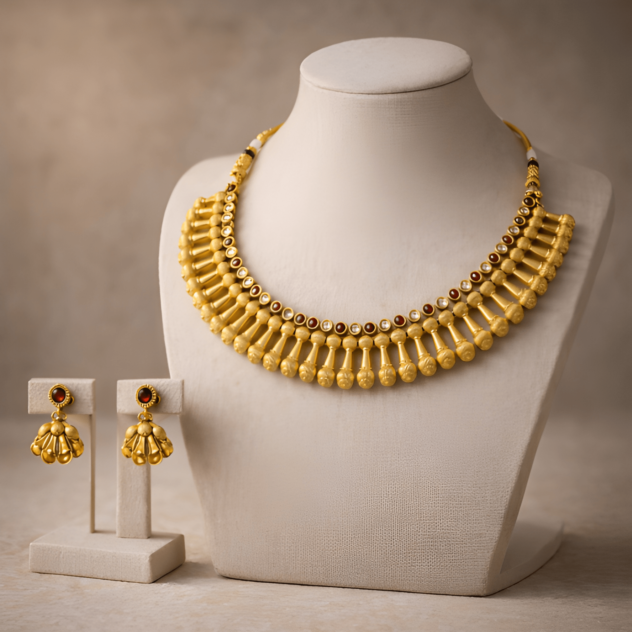 Gold Rani necklace set displayed on bust stand with matching jhumka earrings