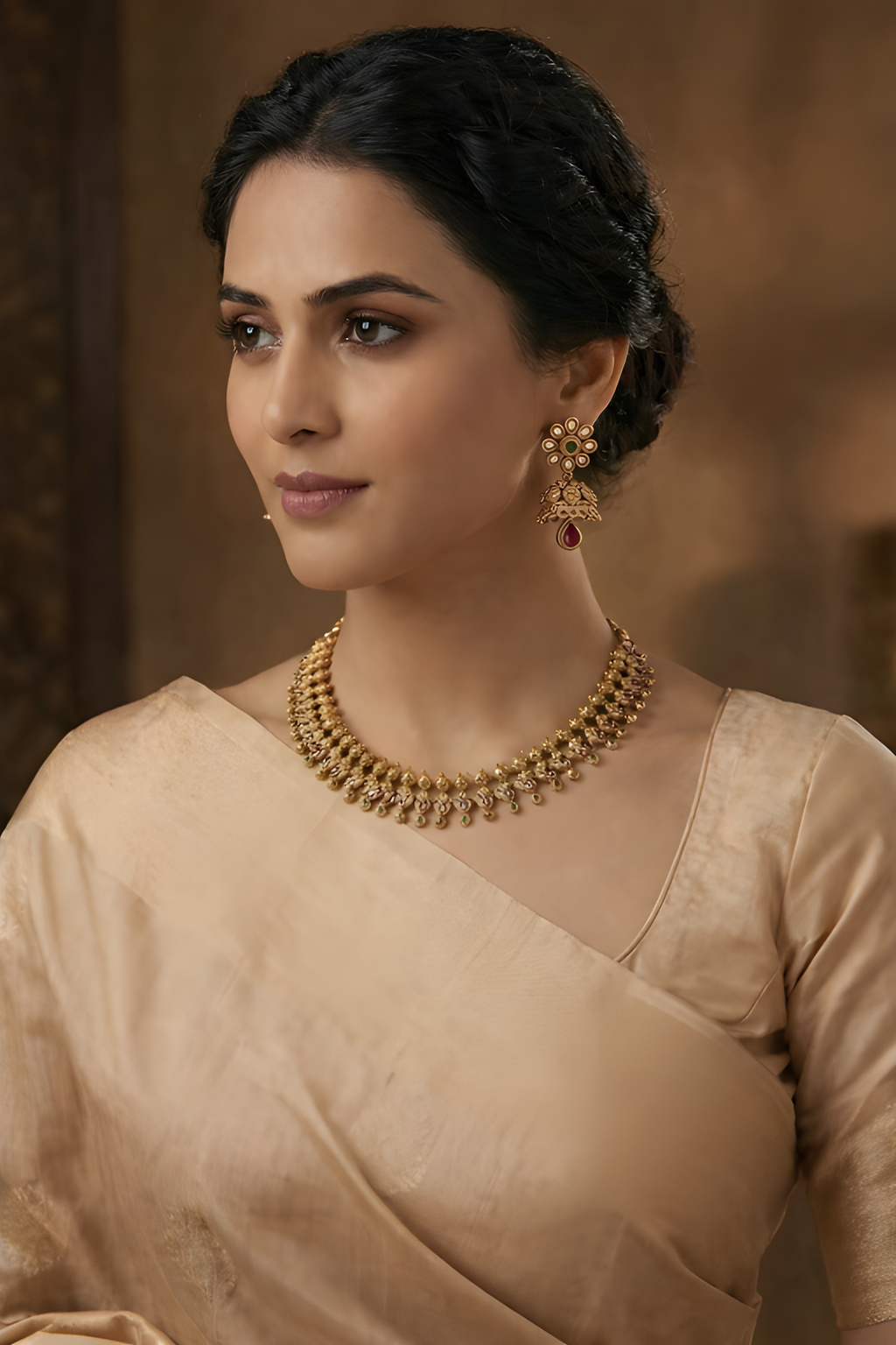 Woman wearing temple gold necklace set with ruby and emerald accents