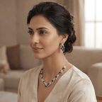 Woman wearing silver sapphire crystal necklace set with matching drop earrings