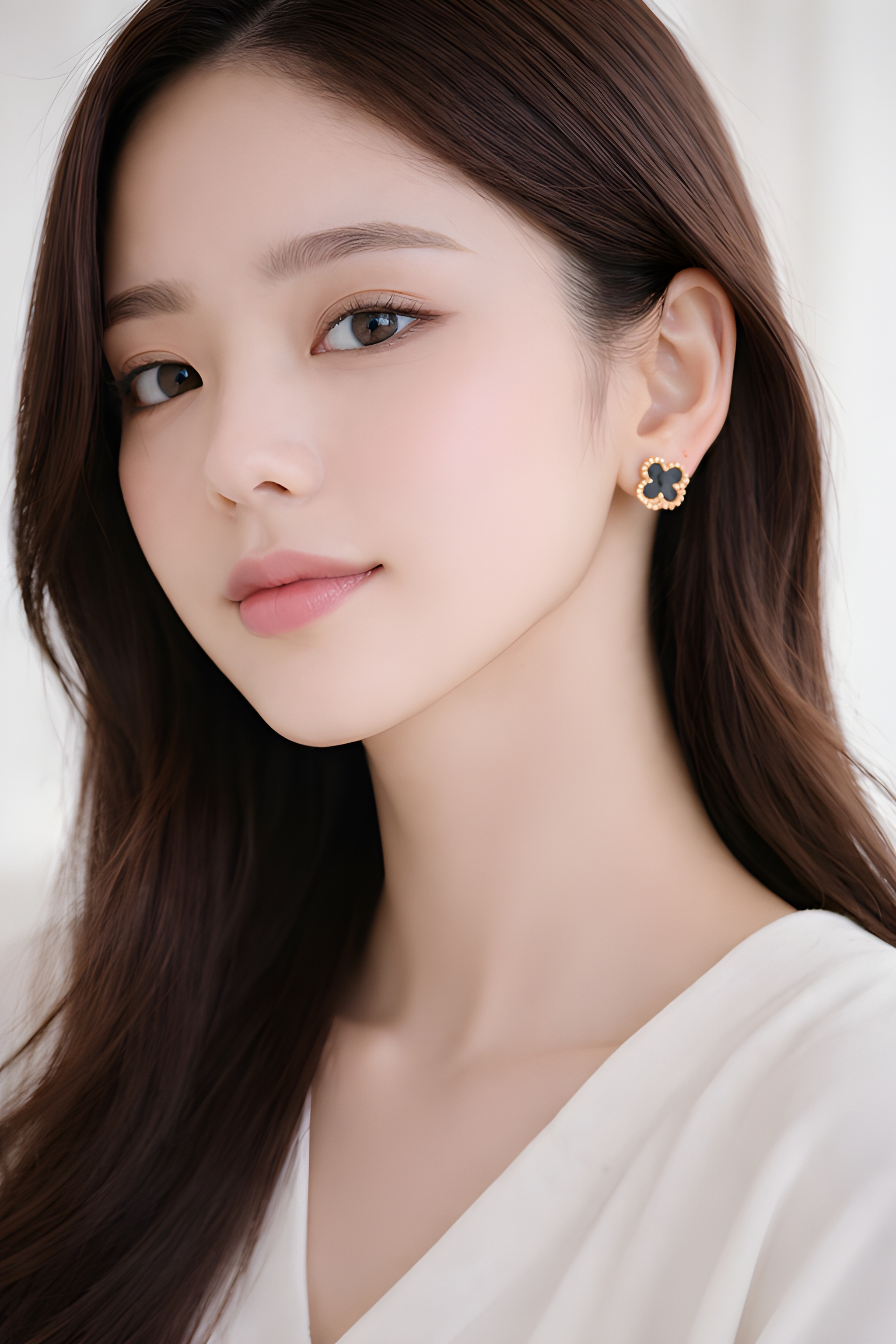 Minimal black clover stud earrings worn by woman