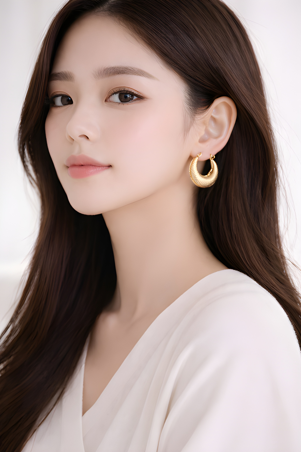 Textured gold crescent hoop earrings worn by woman