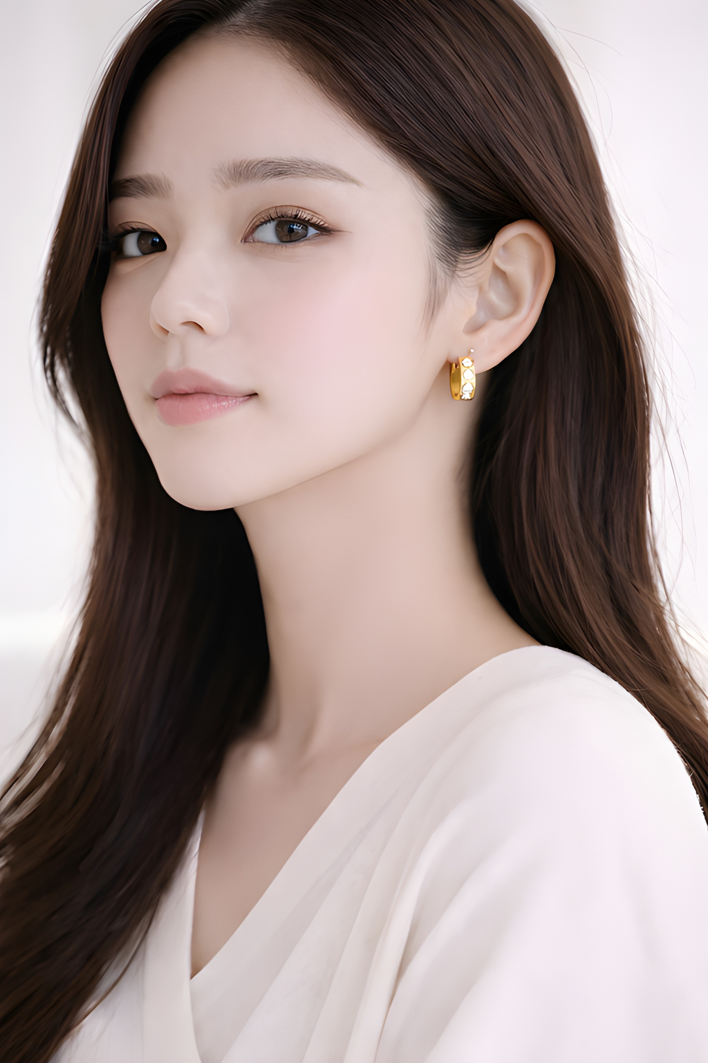 Crystal studded gold huggie hoop earrings worn by woman