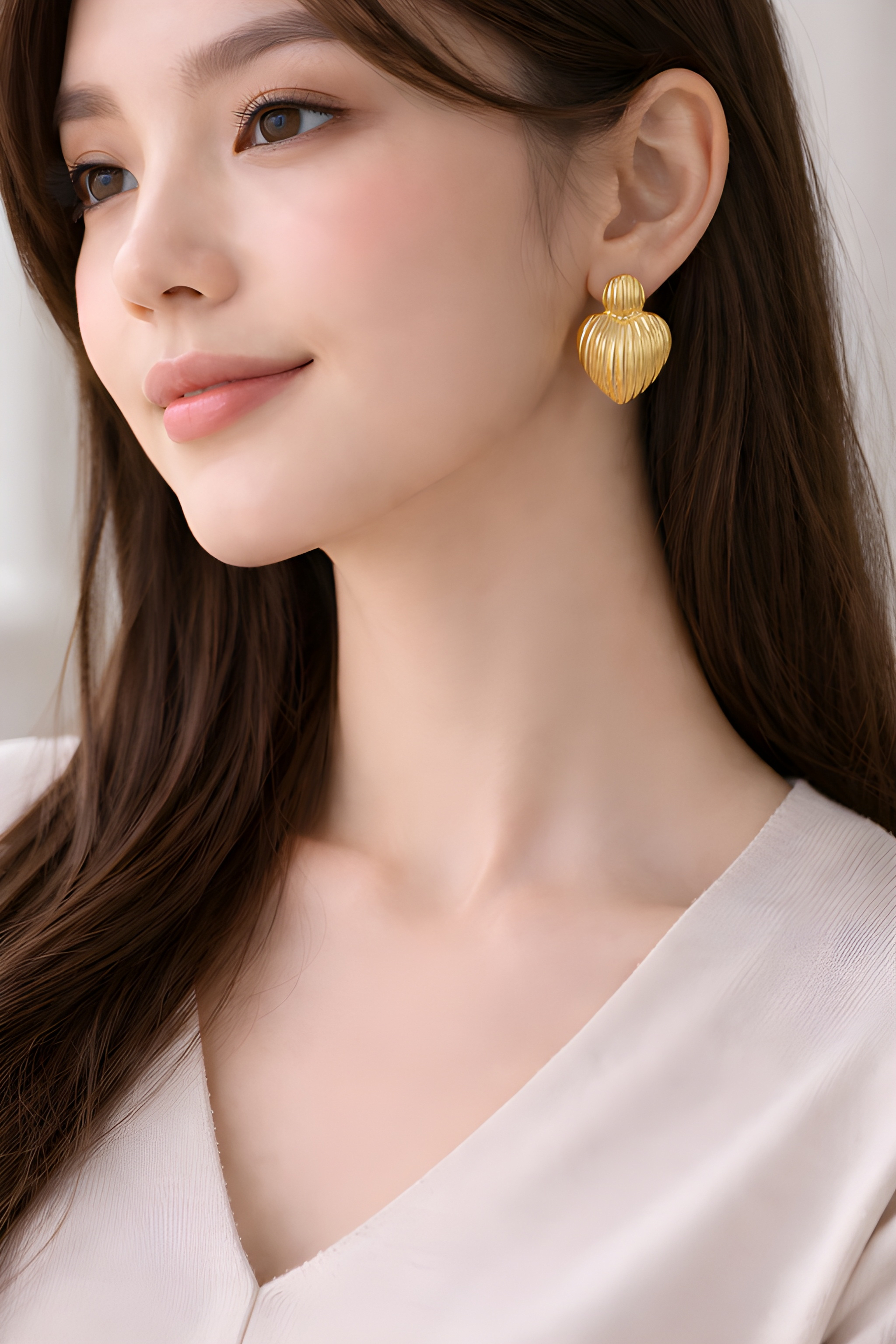 Ribbed gold heart stud earrings worn by model