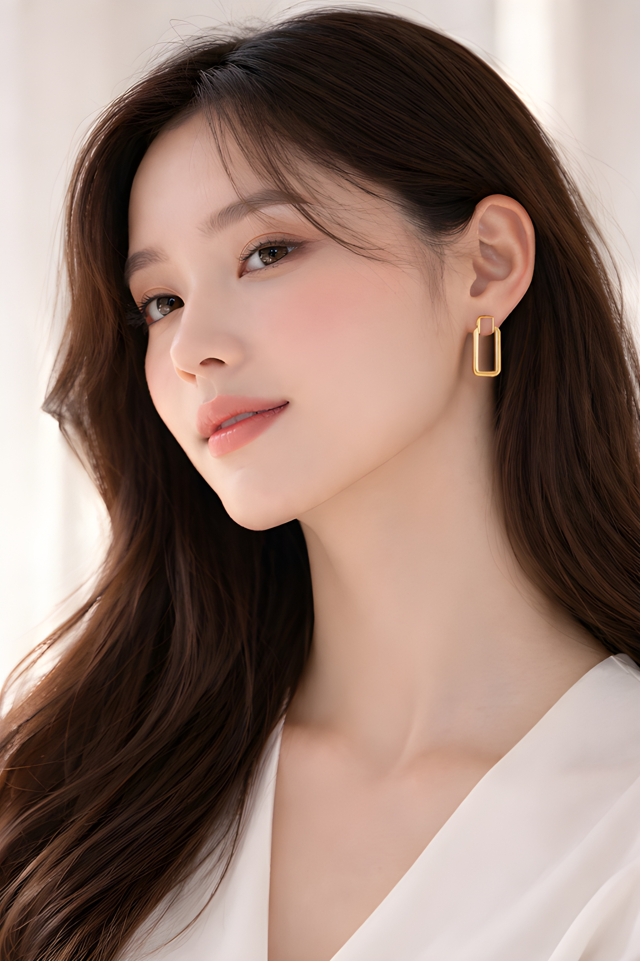 Woman wearing rectangular gold hoop earrings
