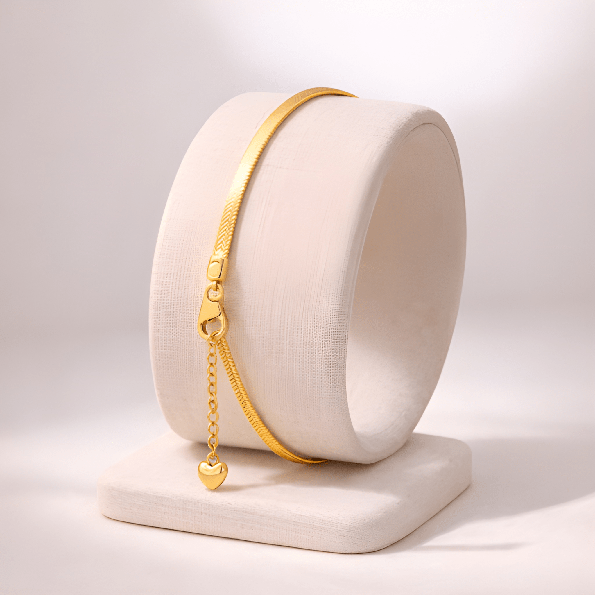 Gold snake chain bracelet with dangling heart charm displayed on ivory stand