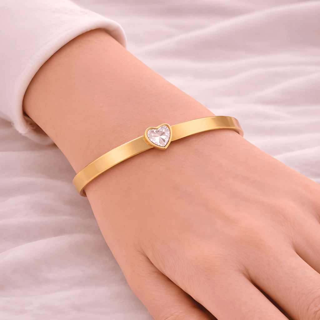 Woman wearing gold heart crystal bangle bracelet | Kayahh Jewels
