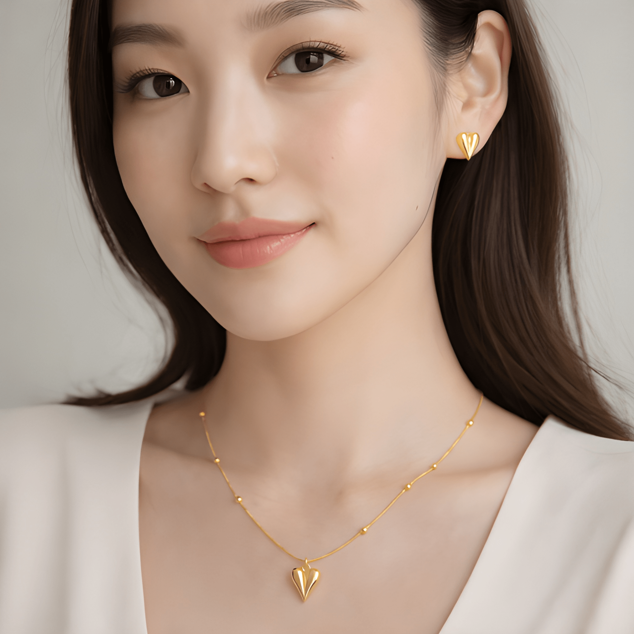 Woman wearing pointed heart pendant necklace and pointed heart stud earrings | Kayahh Jewels