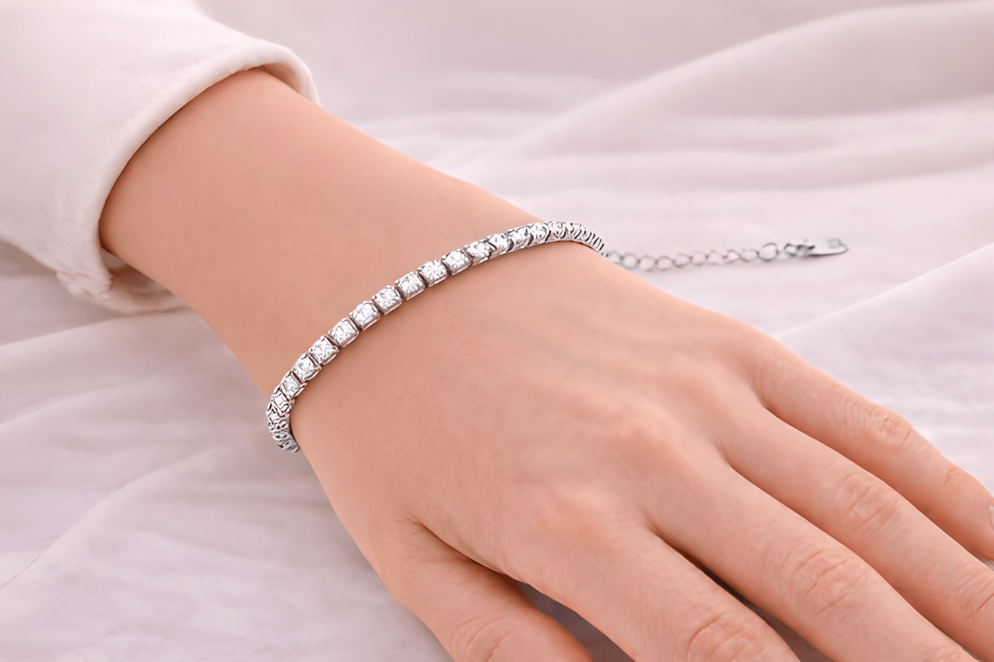 Woman wearing silver crystal tennis bracelet | Kayahh Jewels