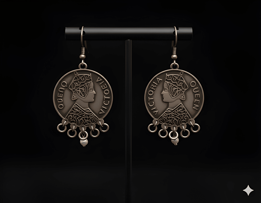 Antique finish coin drop earrings displayed on black stand
