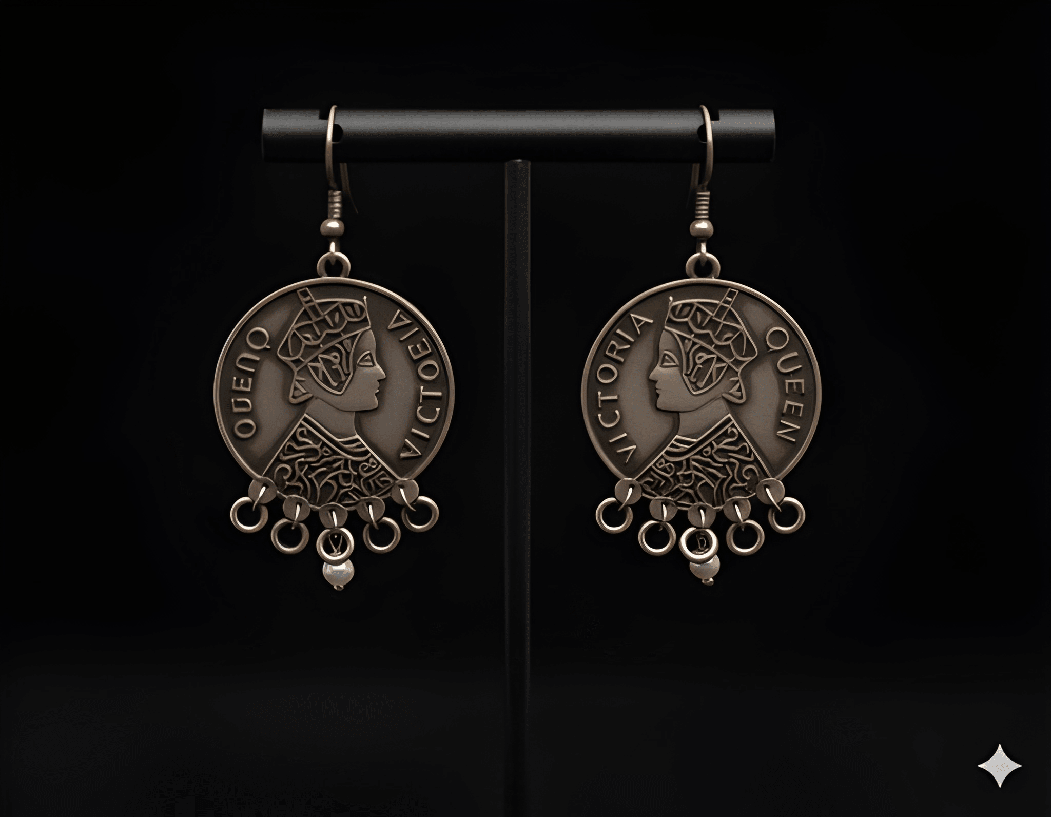 Antique finish coin drop earrings displayed on black stand
