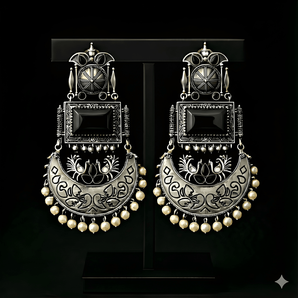 Monalisa stone oxidised silver earrings displayed on black stand | Color: Black

