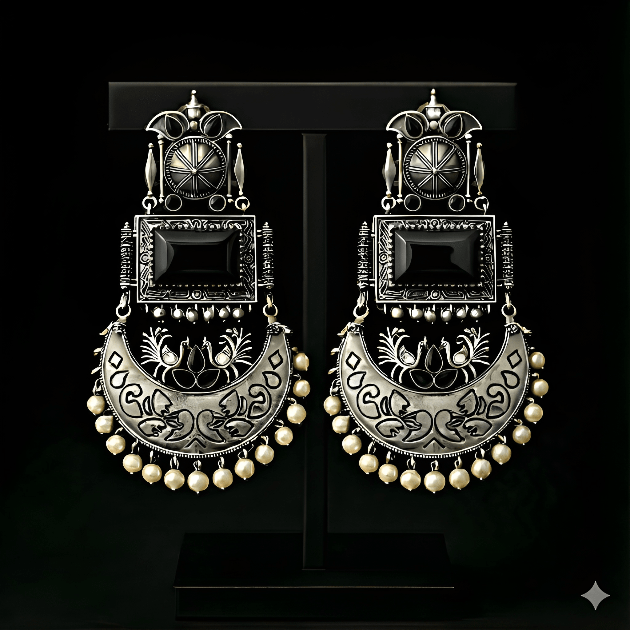 Monalisa stone oxidised silver earrings displayed on black stand | Color: Black

