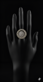 Handcrafted pearl detail oxidised silver statement ring displayed on black hand