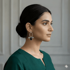 Woman wearing leaf inspired silver drop earrings
