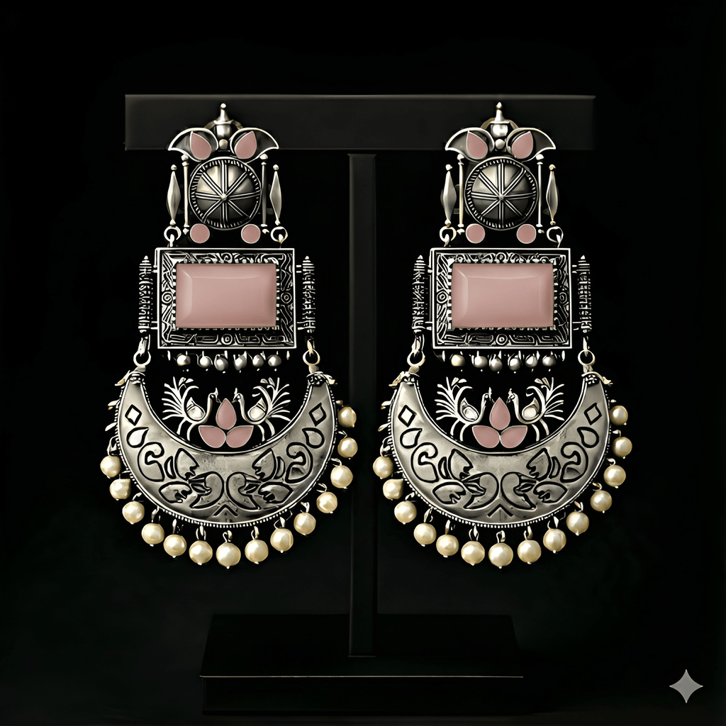 Monalisa stone oxidised silver earrings displayed on black stand | Color: Soft Blush Pink
