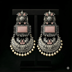 Monalisa stone oxidised silver earrings displayed on black stand | Color: Soft Blush Pink
