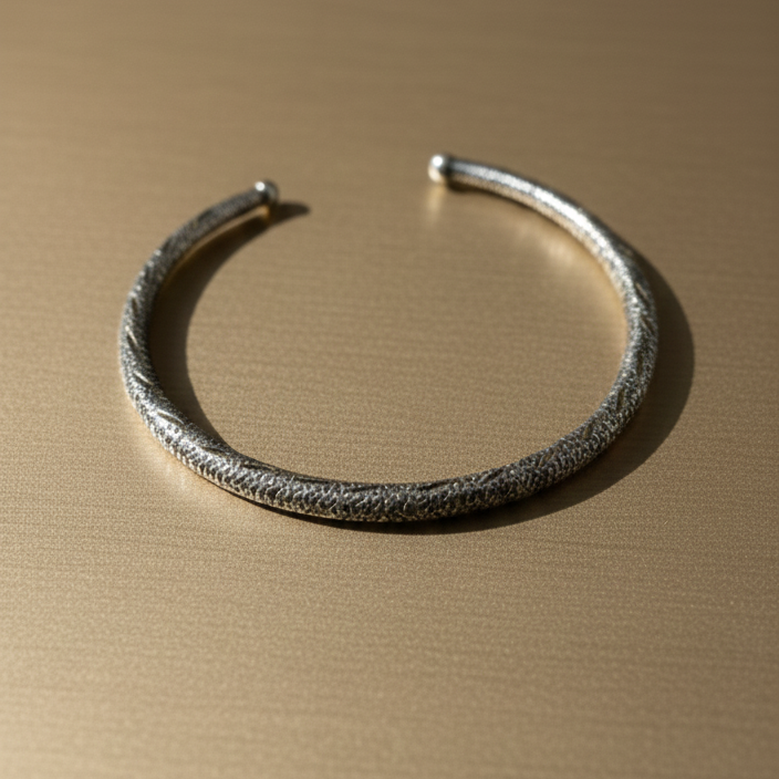 Handcrafted oxidised silver minimal hasli neckpiece on golden background
