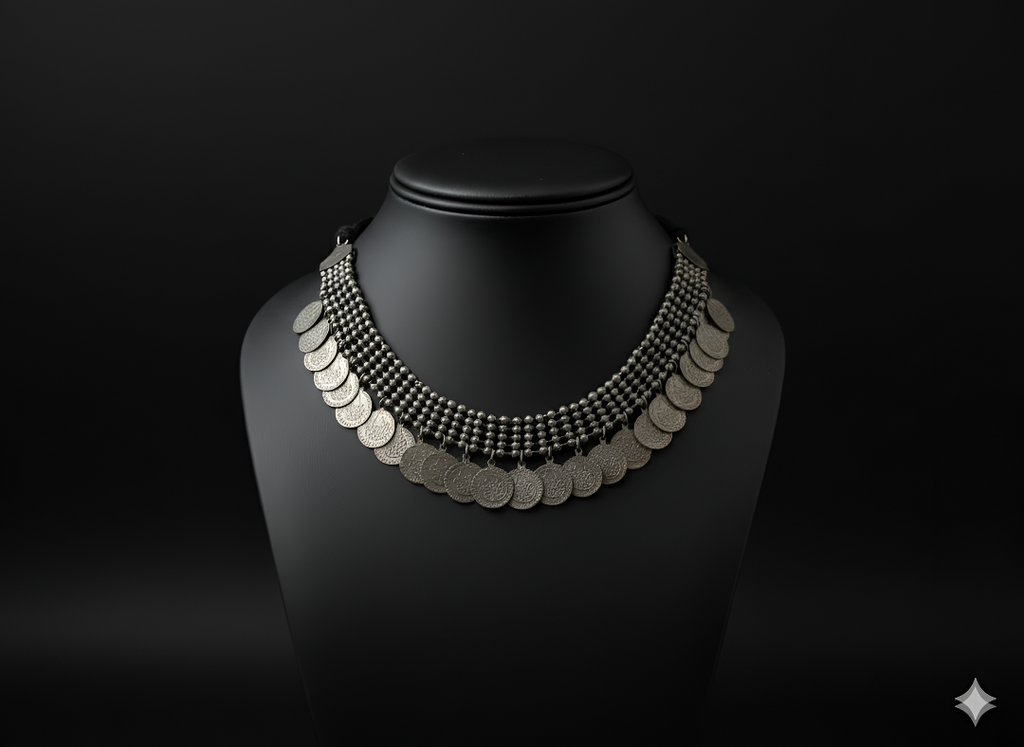 Handcrafted oxidised silver coin neckpiece displayed on bust stand
