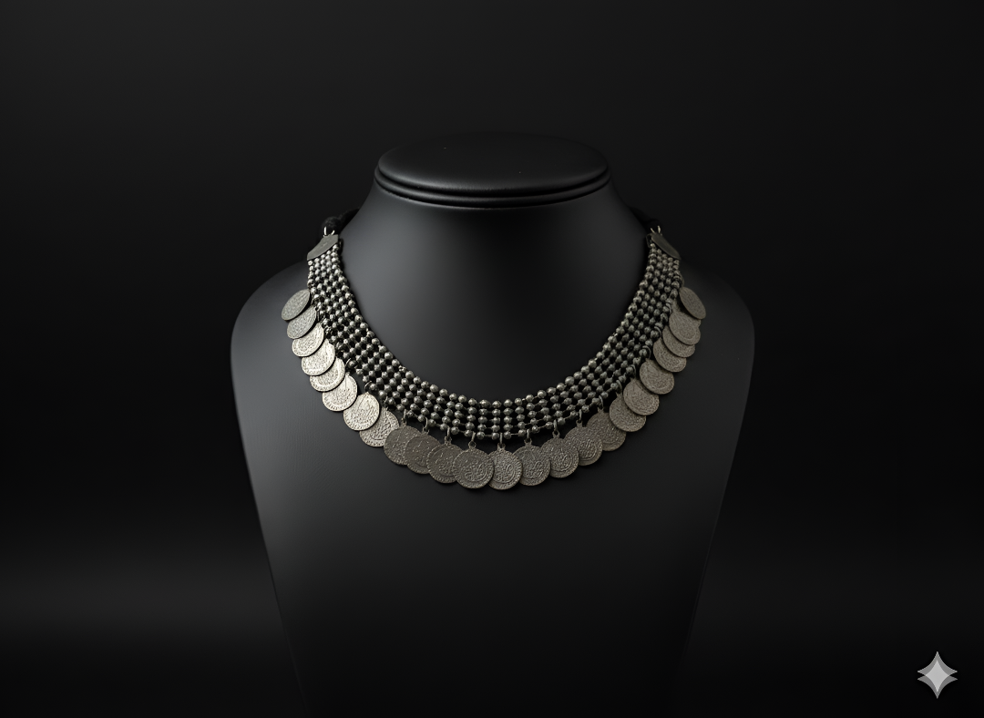 Handcrafted oxidised silver coin neckpiece displayed on bust stand
