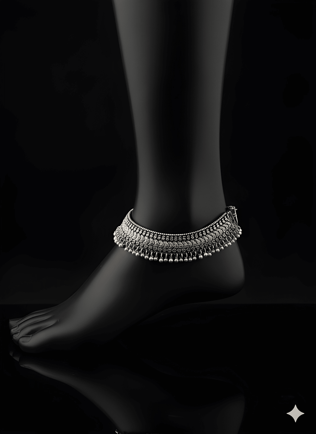Detailed view of handcrafted oxidised silver heavy karigari anklet with layered beadwork
