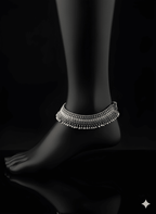 Detailed view of handcrafted oxidised silver heavy karigari anklet with layered beadwork
