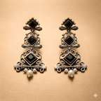 Traditional chandelier dangler earrings with layered geometric design and pearl drop
