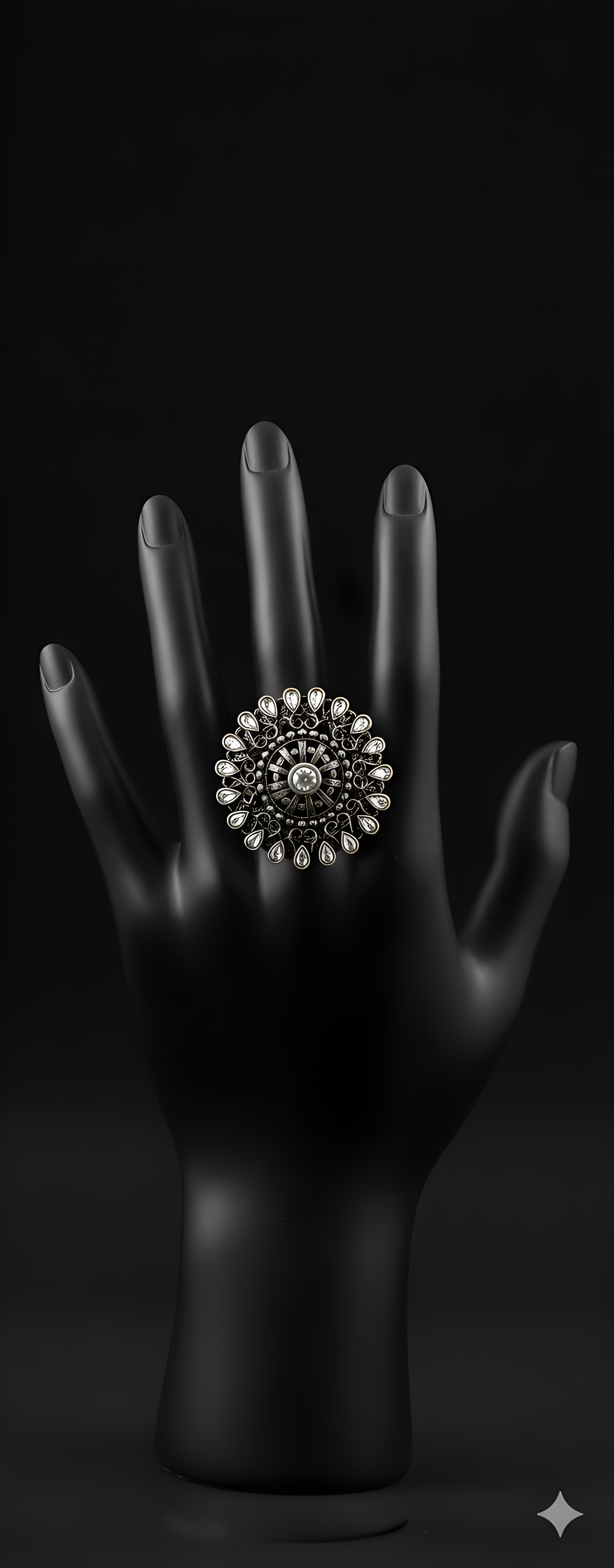 Handcrafted teardrop detail oxidised silver statement ring displayed on black hand