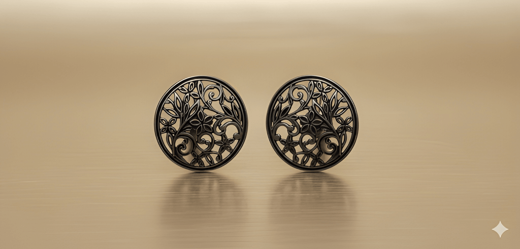 Botanical filigree oxidised stud earrings on golden background
