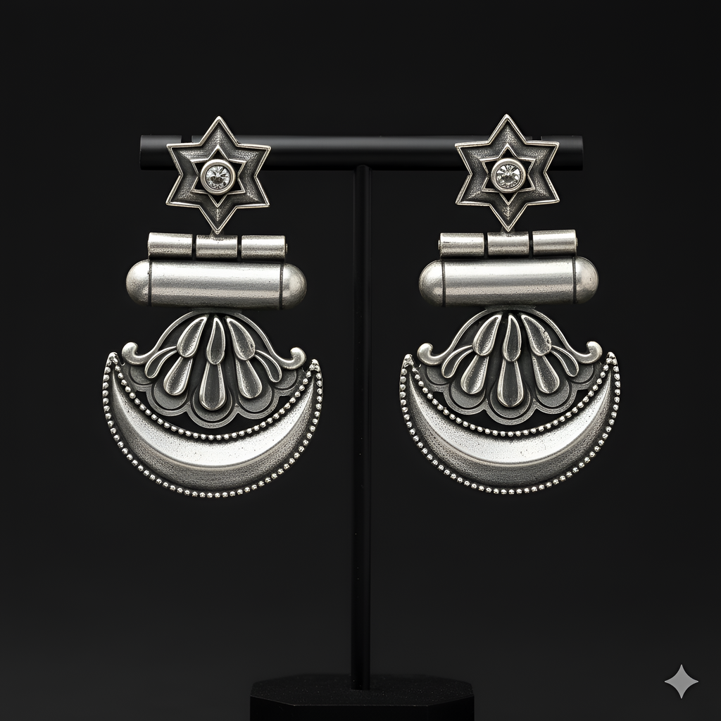 Star crescent dangler earrings displayed on black jewellery stand
