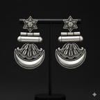 Star crescent dangler earrings displayed on black jewellery stand
