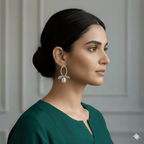 Woman wearing leaf inspired silver drop earrings
