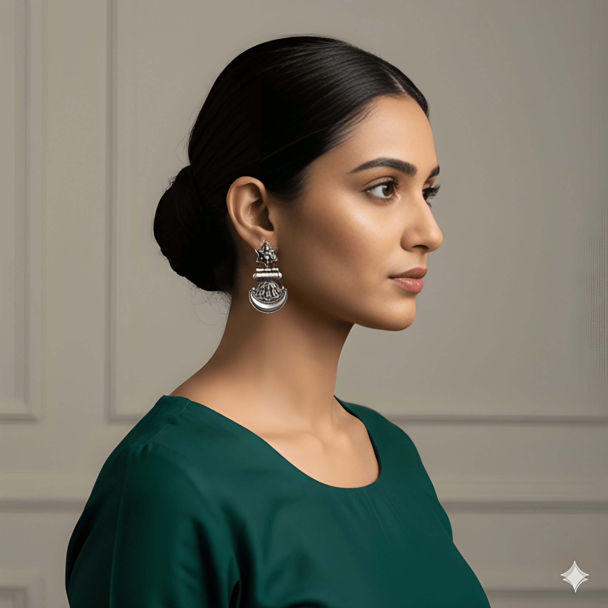 Woman wearing star crescent oxidised silver dangler earrings
