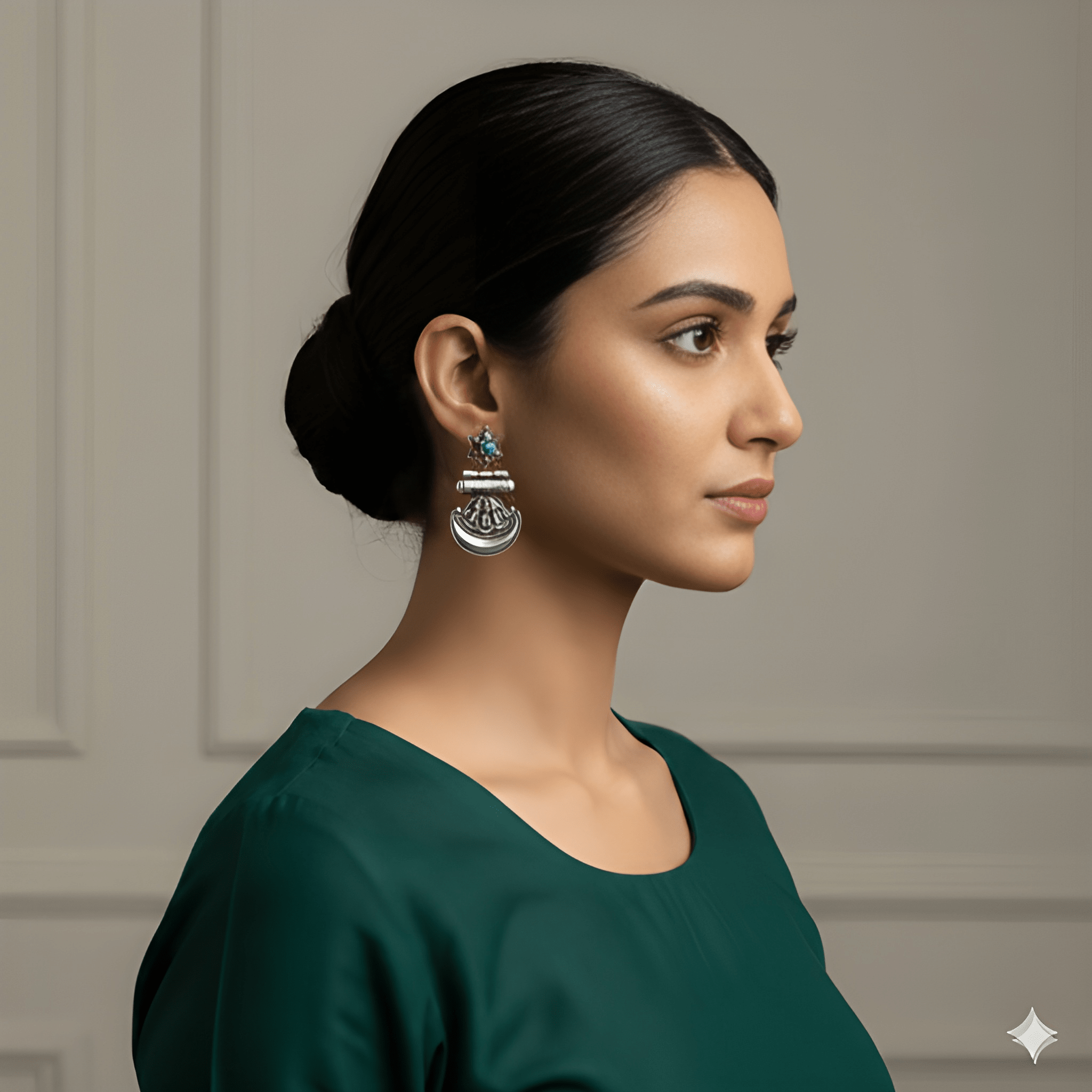 Woman wearing star crescent oxidised silver dangler earrings
