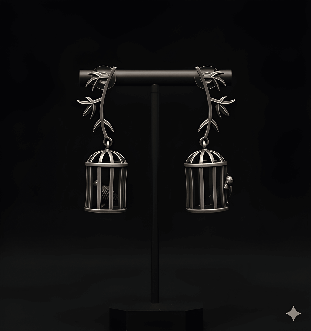 Oxidised birdcage drop earrings displayed on black stand
