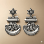 Star crescent oxidised silver dangler earrings with engraved crescent drop
