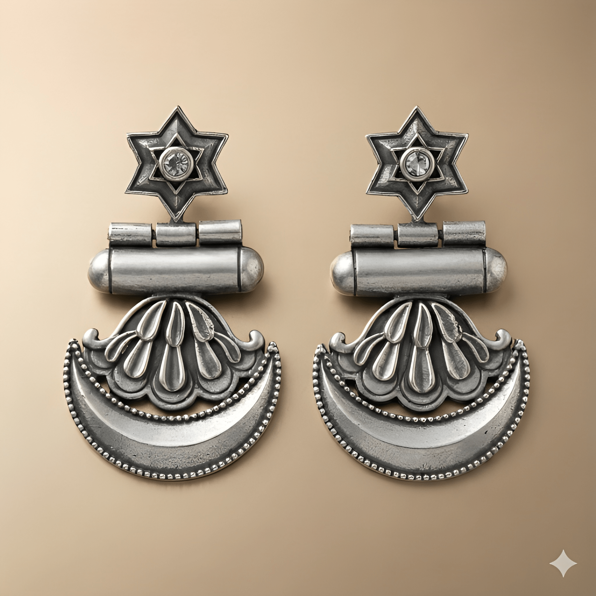 Star crescent oxidised silver dangler earrings with engraved crescent drop
