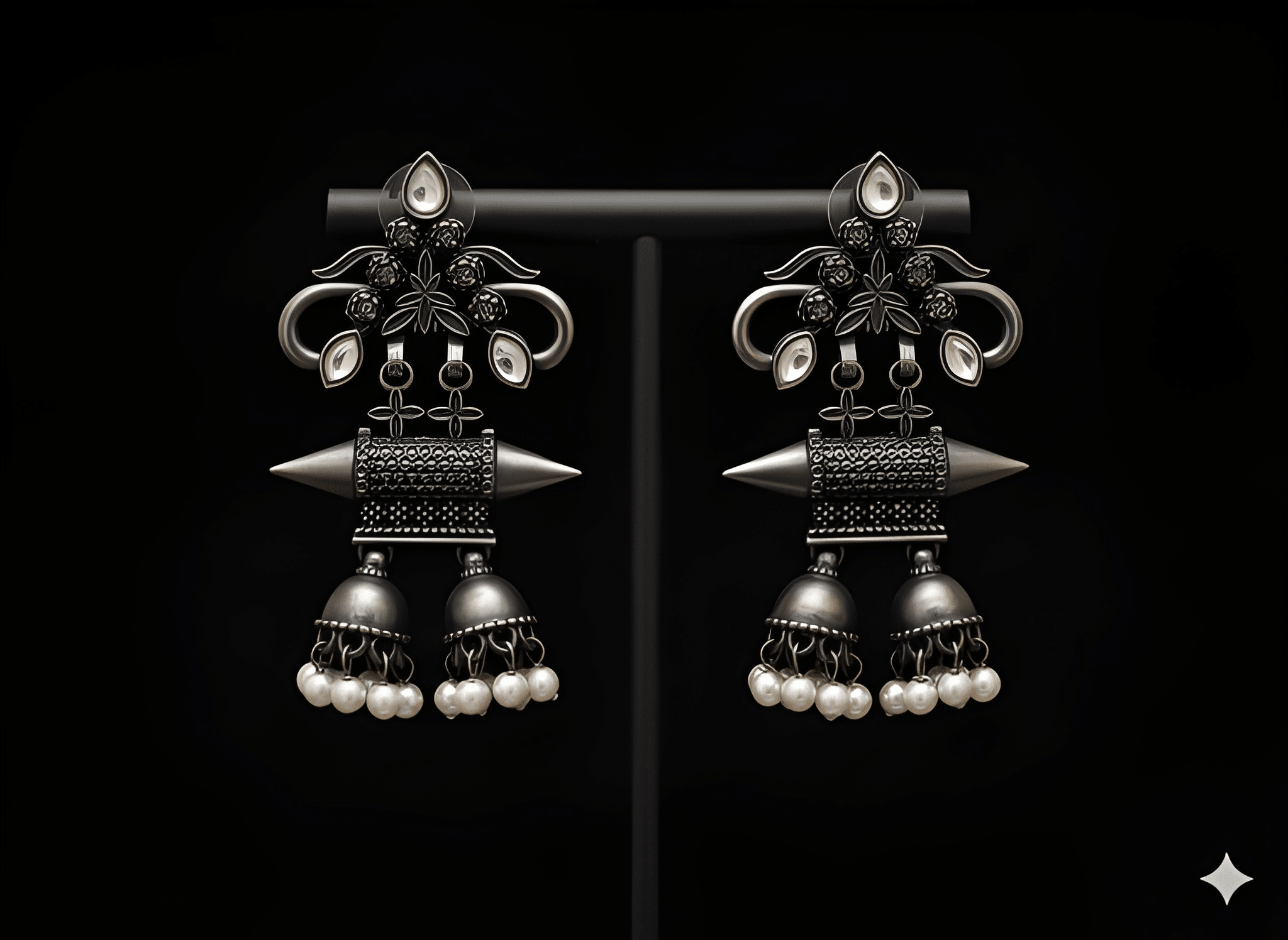 Handcrafted spiral jhumka earrings displayed on black stand
