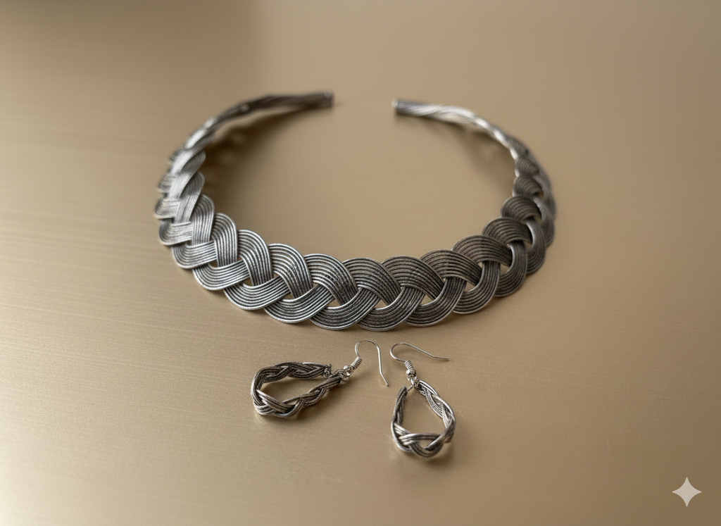 Handcrafted oxidised silver braided hasli set with matching earrings on golden background
