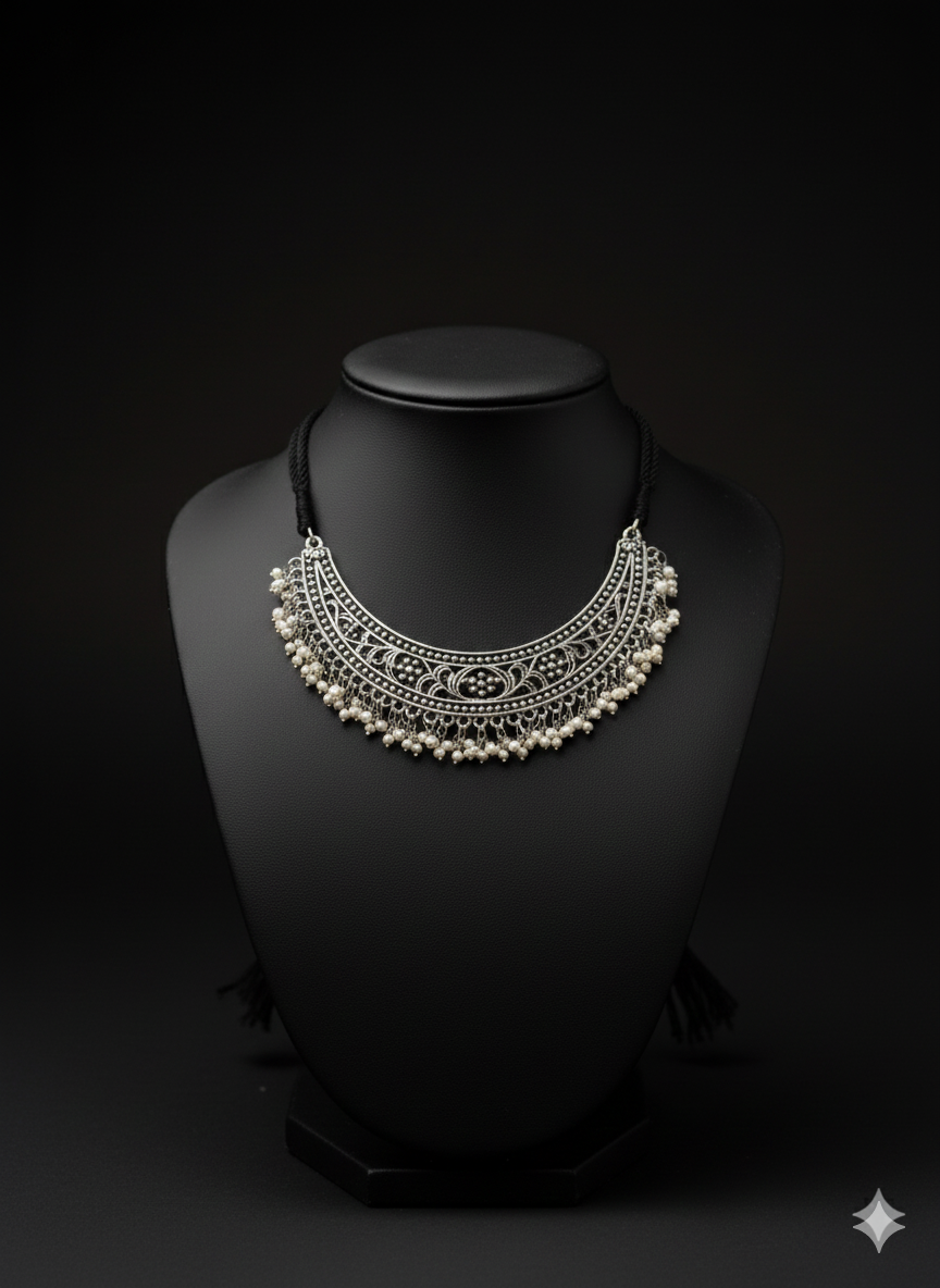 Detailed view of handcrafted oxidised silver pearl choker neckpiece displayed on bust stand
