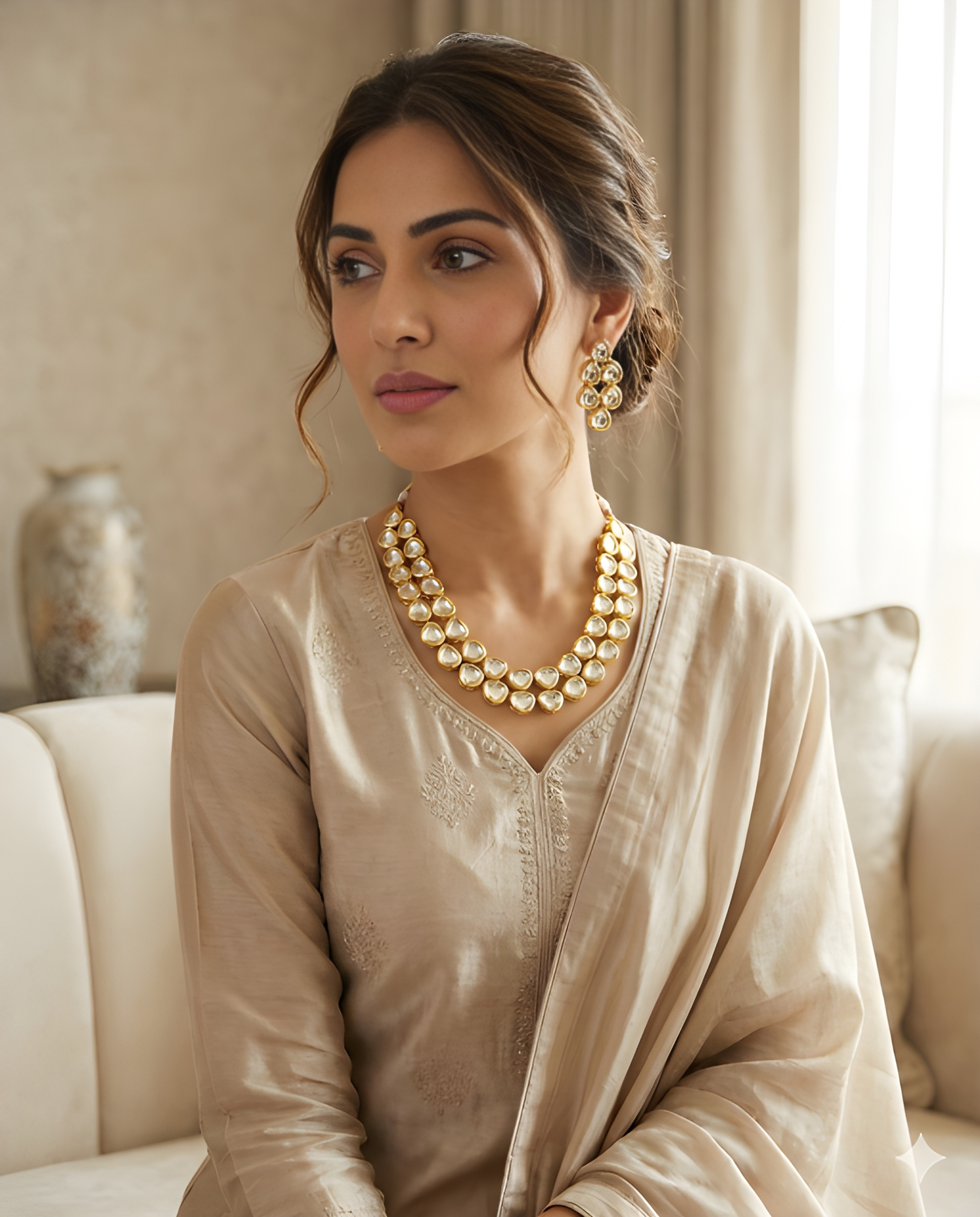 Woman wearing traditional gold Kundan necklace set with pear stones